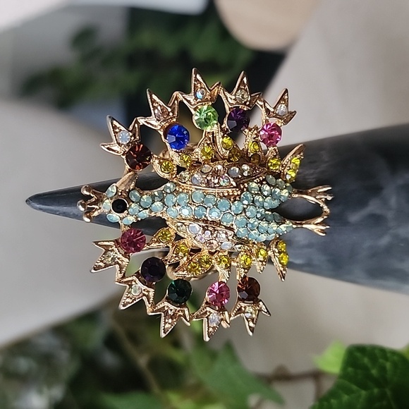 Gold with Multi Color Crystals Peacock Stretch Ring - Picture 1 of 7